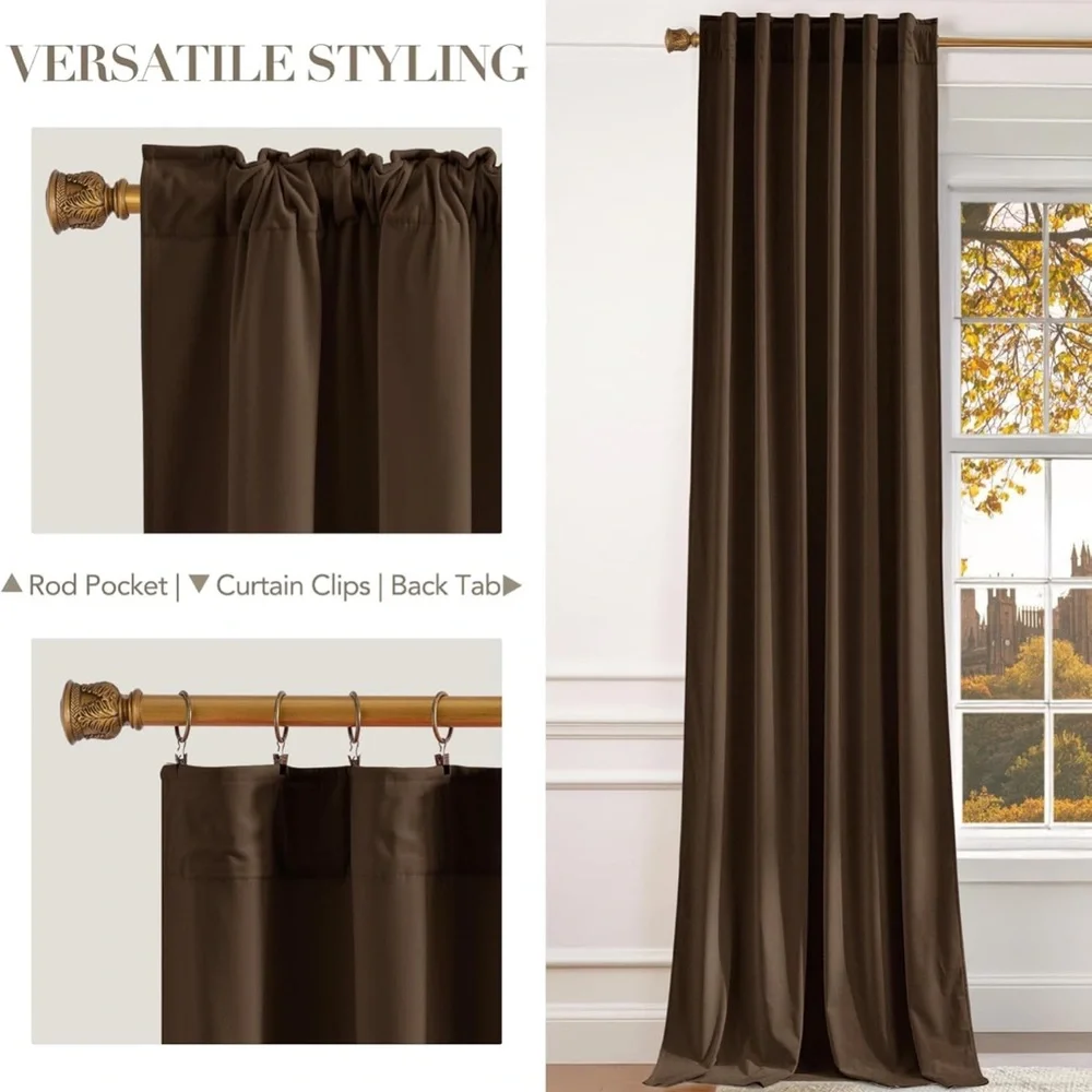 Brown Velvet Room Darkening Curtains 52 x 90 Thermal Insulated Drapes